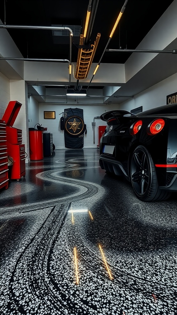 Modern garage with a high-gloss black epoxy floor and artistic design.