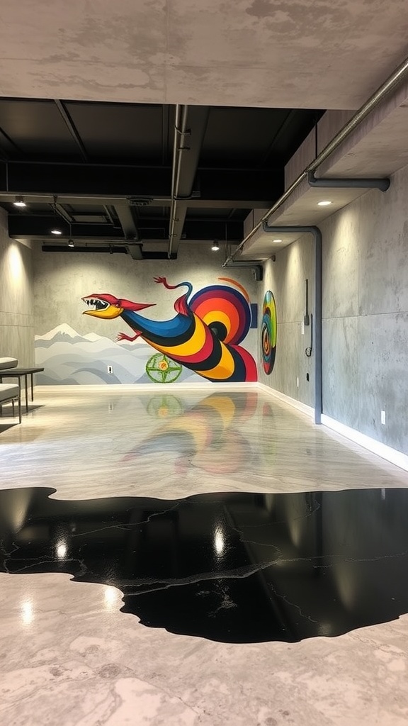 A colorful mural on the wall with a shiny black epoxy floor in a modern basement