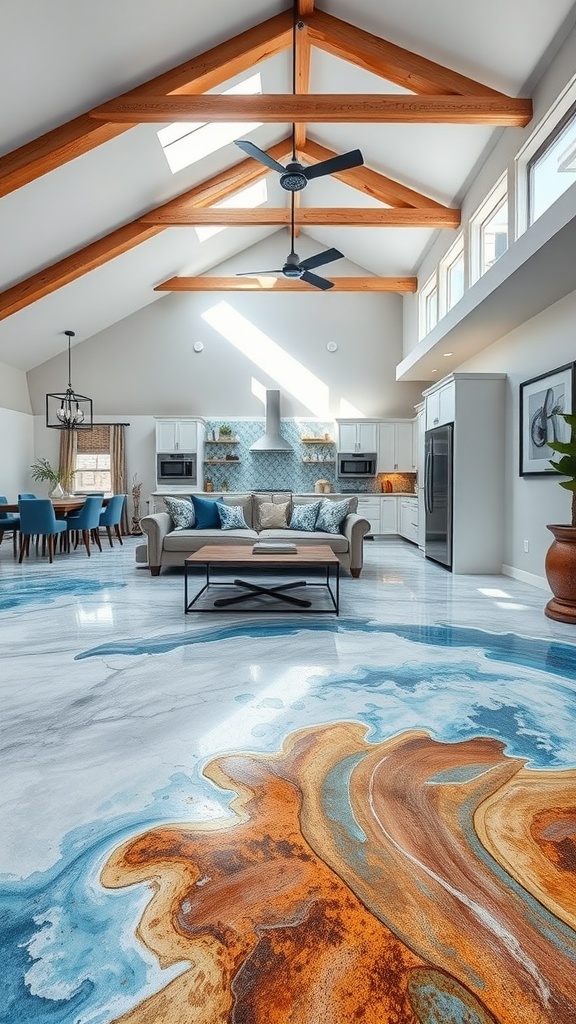 Artistic epoxy floor design featuring vibrant blue and earth tones in a modern interior