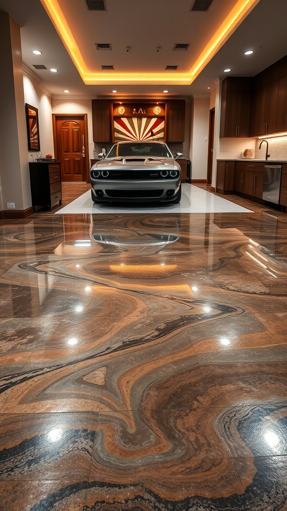 A modern living space featuring a sleek car and a beautifully designed metallic epoxy floor.
