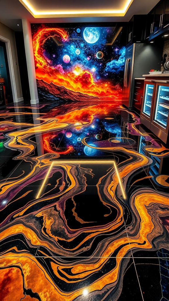 An artistic mural on a wall with a metallic epoxy floor, featuring vibrant colors and swirling designs.