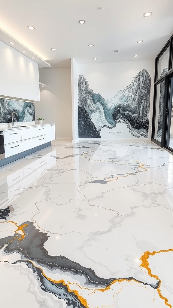 A modern kitchen with marble epoxy flooring featuring black and white swirls and gold accents, complemented by an artistic mural on the wall.