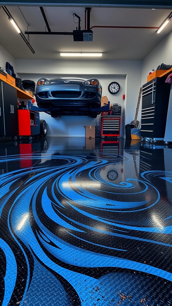 A garage with a metallic blue and black epoxy floor design featuring swirling patterns.