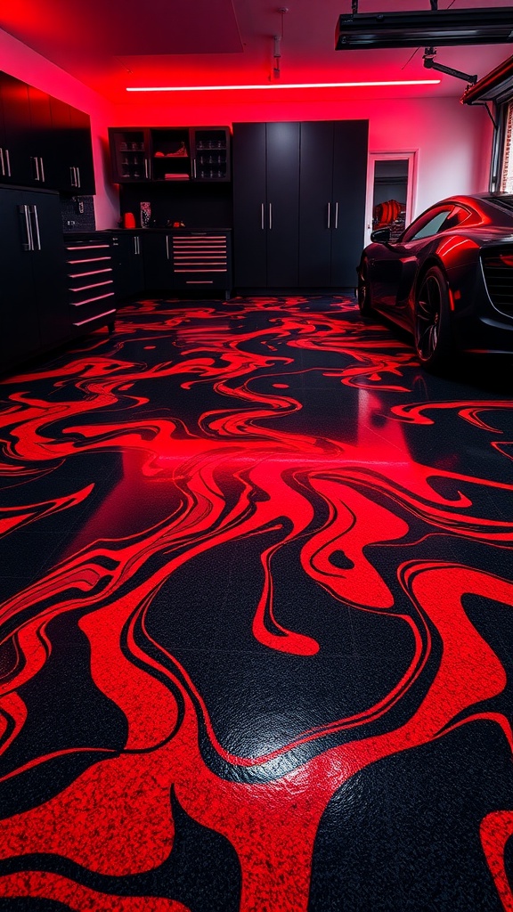 A modern garage featuring a sleek car and an artistic epoxy floor with a central emblem.