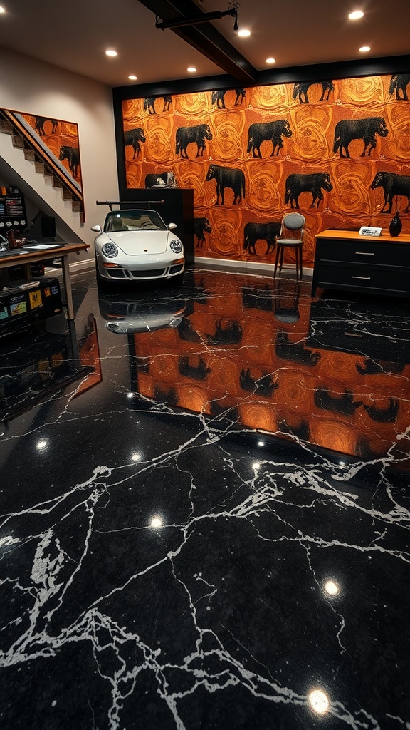 Interior space featuring a black marble epoxy floor and a vibrant mural.