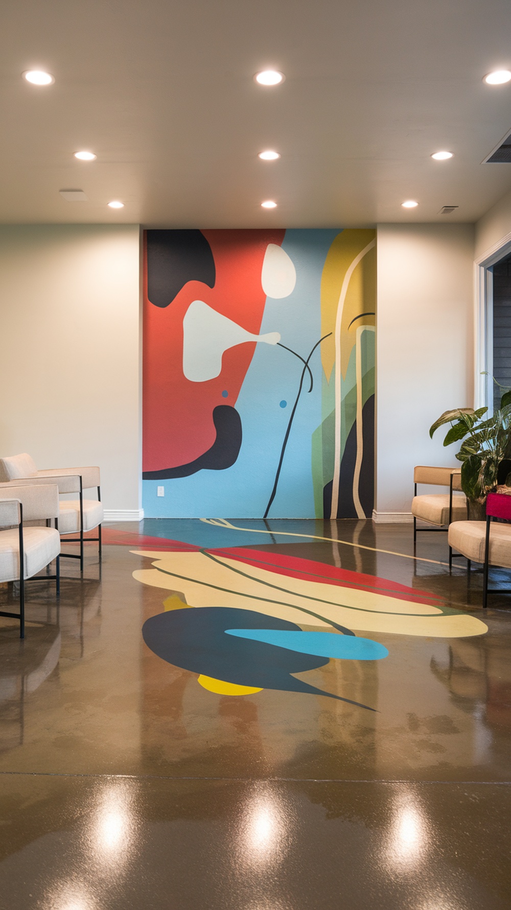 Vibrant artistic mural on a concrete floor with colorful designs