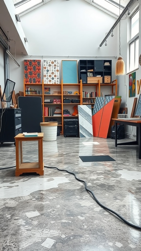 A room featuring white and grey epoxy flooring with artistic designs.