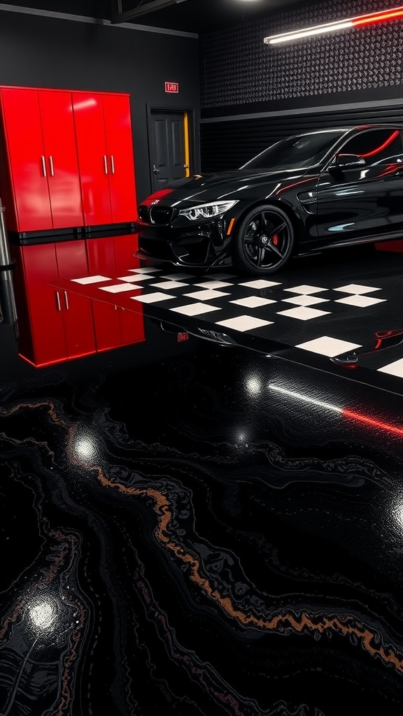 Stylish garage with a black epoxy floor featuring artistic resin inlays, red cabinets, and a sleek car.