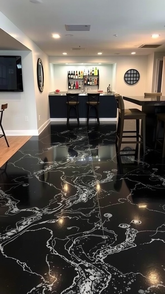 A stylish black epoxy floor with white patterns in a modern basement setting