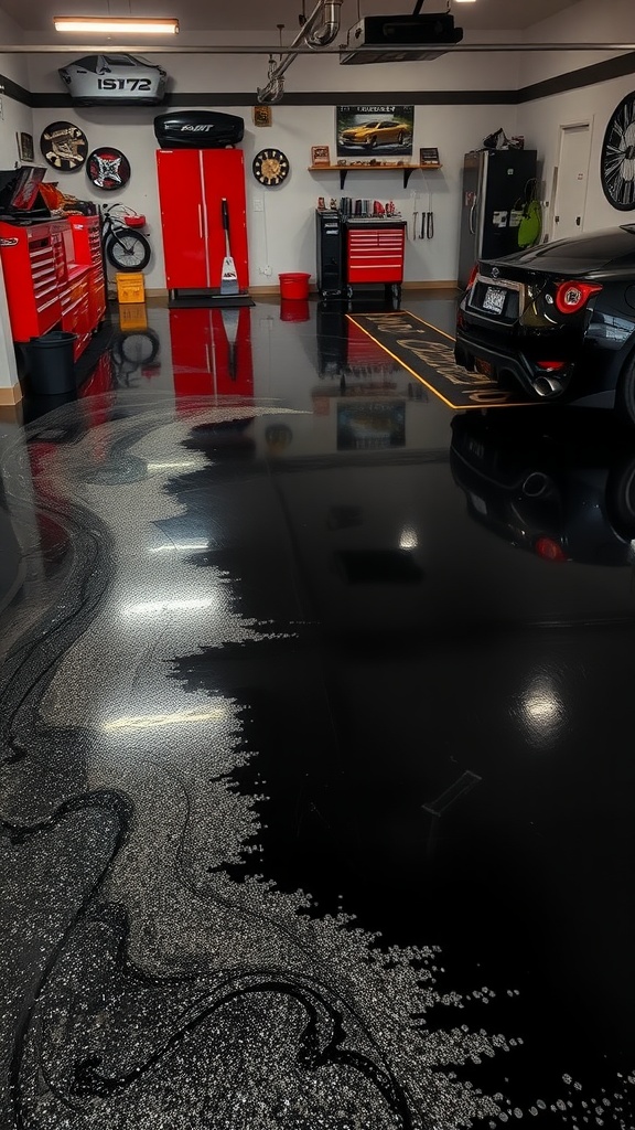 A modern garage with a glossy black epoxy floor featuring silver flakes, showcasing artistic resin pour techniques.
