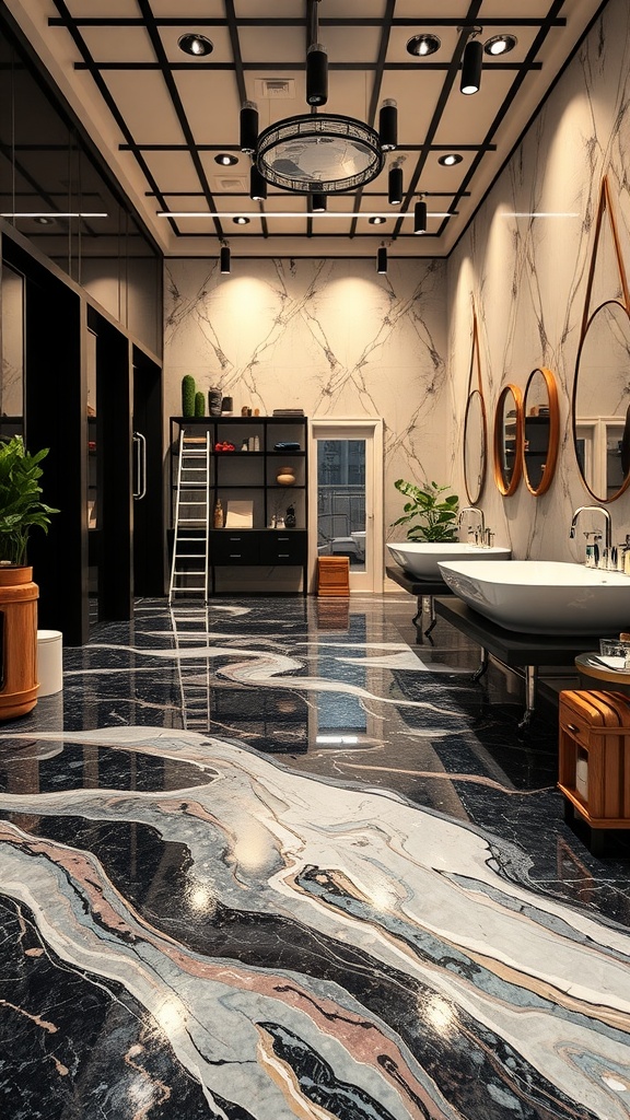 Luxury bathroom featuring artistic resin flooring with flowing marble-like patterns