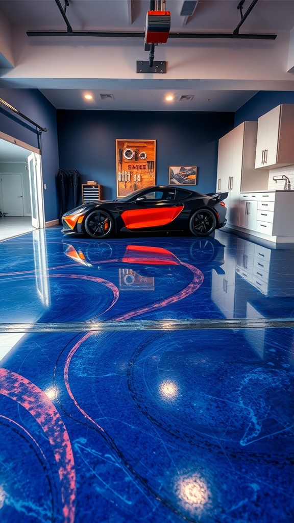 A garage featuring a dark blue epoxy floor with artistic swirls, complemented by a sleek car and modern cabinetry.