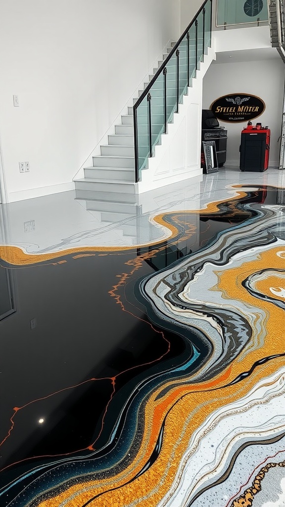Artistic epoxy resin flooring with swirling patterns in white, gold, and black