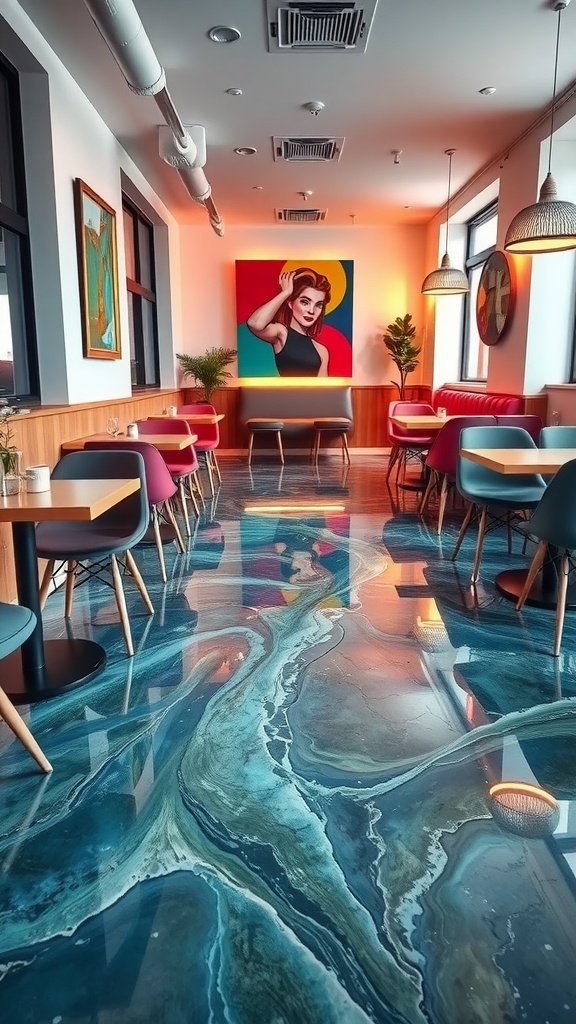 A modern interior with a river flow design in the flooring, featuring blue tones and a sleek aesthetic.