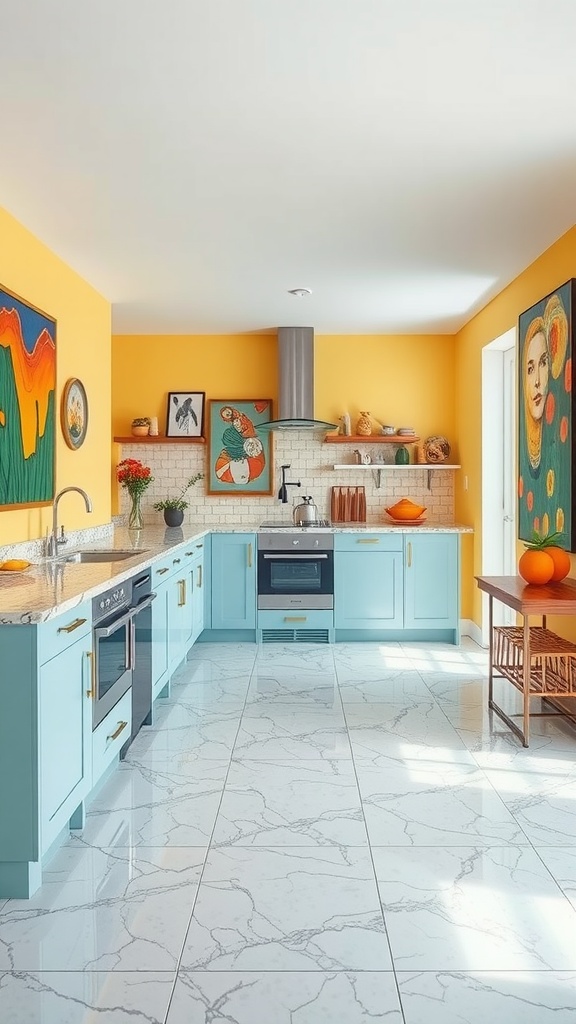 A modern kitchen featuring a colorful epoxy floor, kitchen island, and stylish decor.