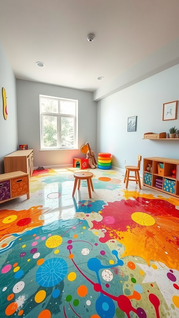 A vibrant playroom with a colorful, artistic floor and simple furniture.
