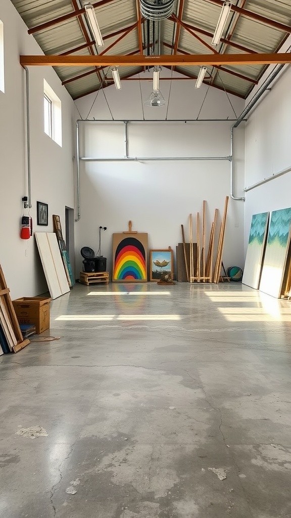 Artistic epoxy concrete floor with colorful splashes and drips in a spacious room.
