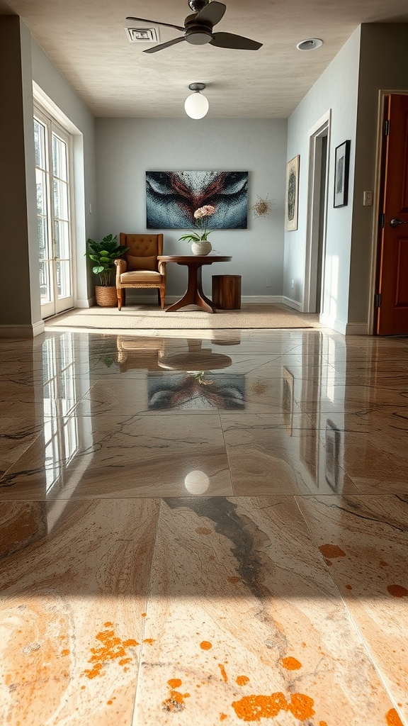 Artistic epoxy floor with marble-like design and colorful splatters in a well-lit room.