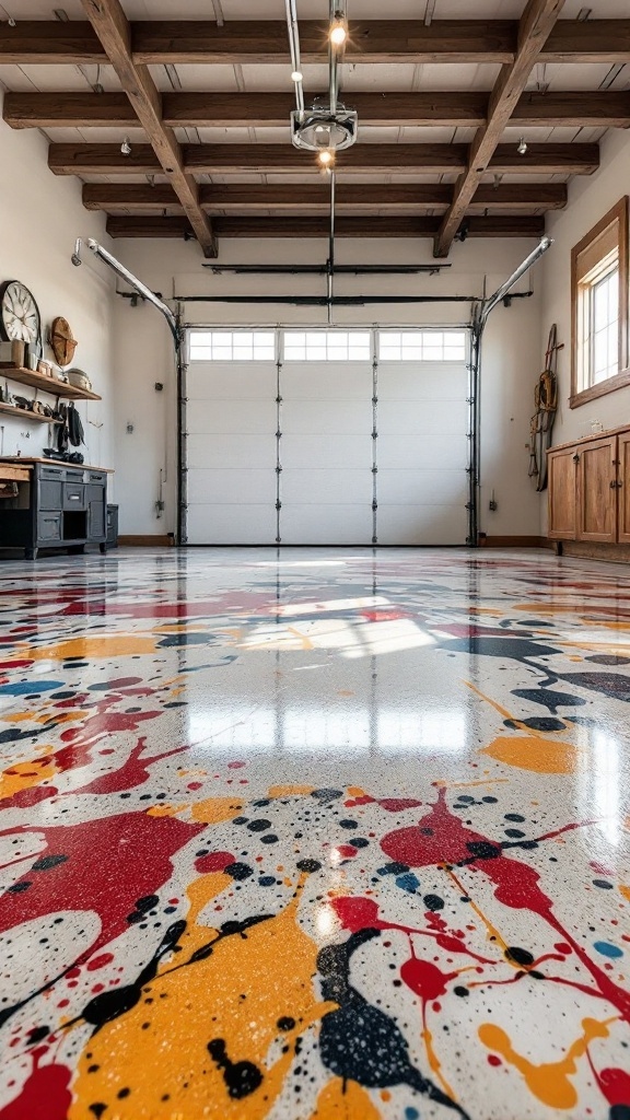Vibrantly splattered epoxy flooring in a garage with wooden beams and a modern aesthetic