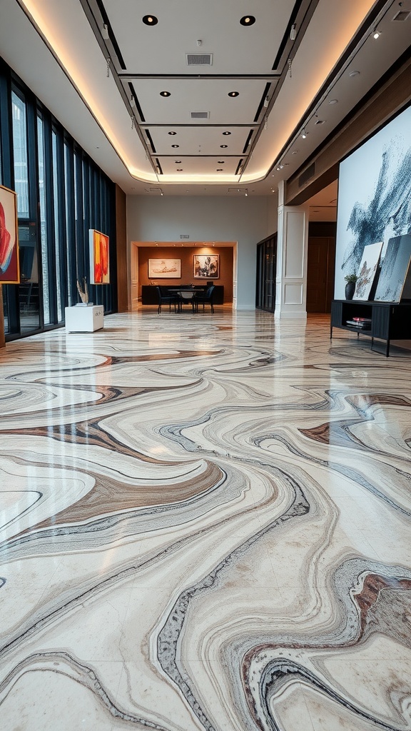 A spacious interior with artistic swirl patterns on the epoxy floor, showcasing a blend of colors and textures.