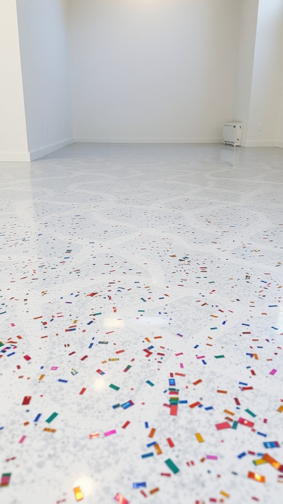 Close-up view of a white epoxy floor with colorful mica flakes scattered throughout.