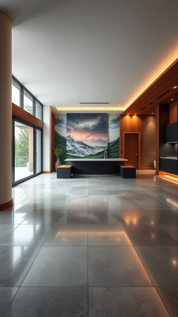 A modern interior space featuring an artistic wall mural of mountains and epoxy flooring.