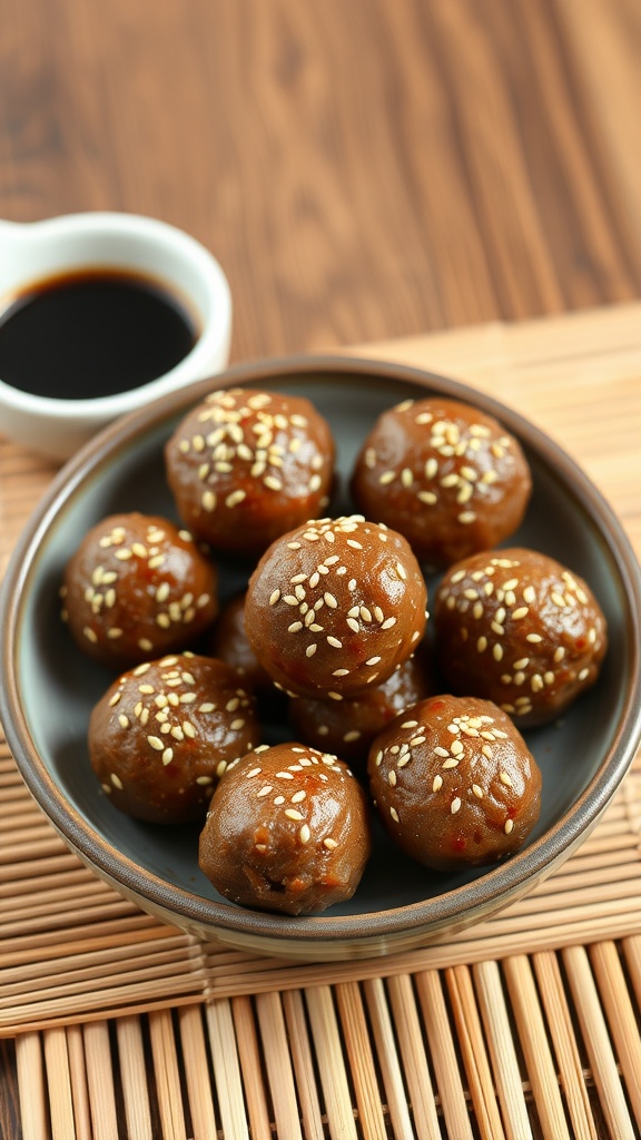 A bowl of Asian-inspired sausage balls with sesame seeds, served with dipping sauce.