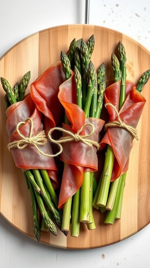 Asparagus wrapped in prosciutto bundles tied with twine.