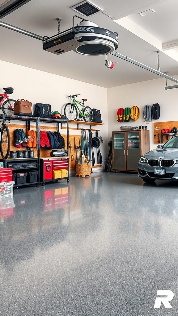 A well-organized garage featuring an epoxy floor, storage shelves, and various automotive accessories.