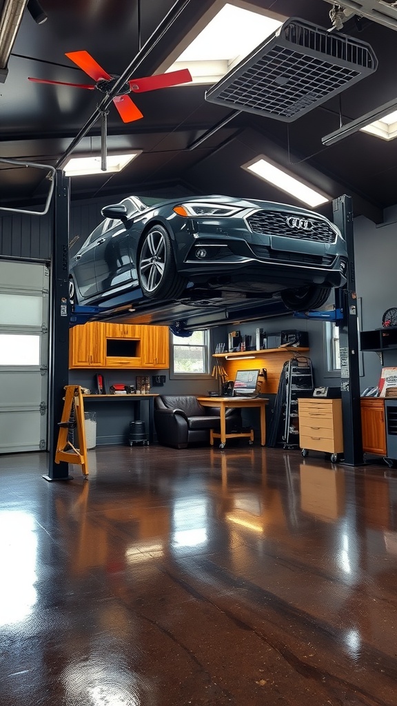 A modern garage with an automotive lift and dark epoxy floor, showcasing a stylish car above a workspace.