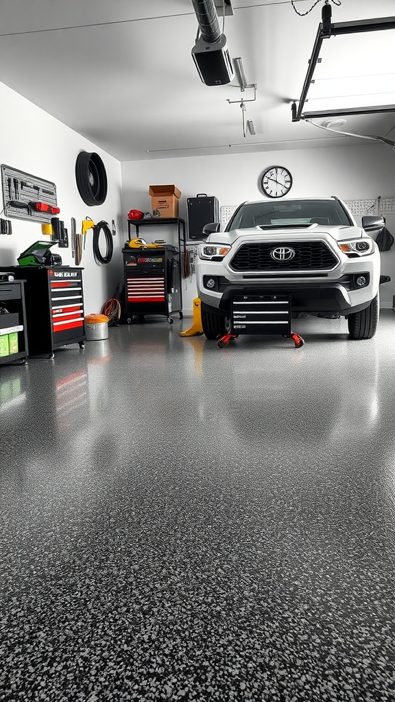 A well-organized garage workshop featuring essential tools and a vehicle on an epoxy floor.