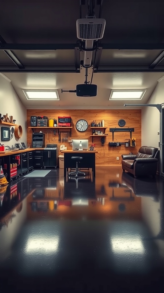 A modern garage interior featuring a dark epoxy floor, wooden wall accents, and a workspace.