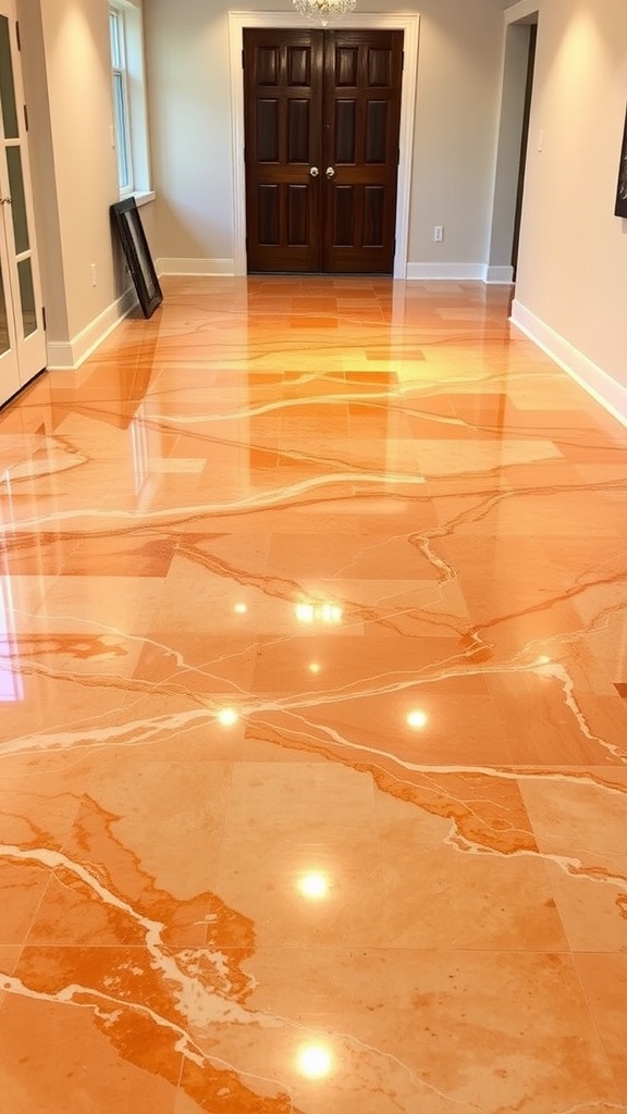Interior view of a rustic space with autumn leaves epoxy flooring design. The floor features colorful leaves in red, orange, and yellow, complementing wooden beams and stone walls.