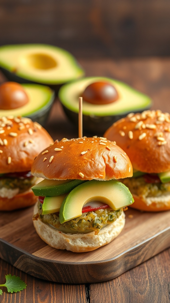 A delicious display of ham and cheese Hawaiian sliders with avocado slices.