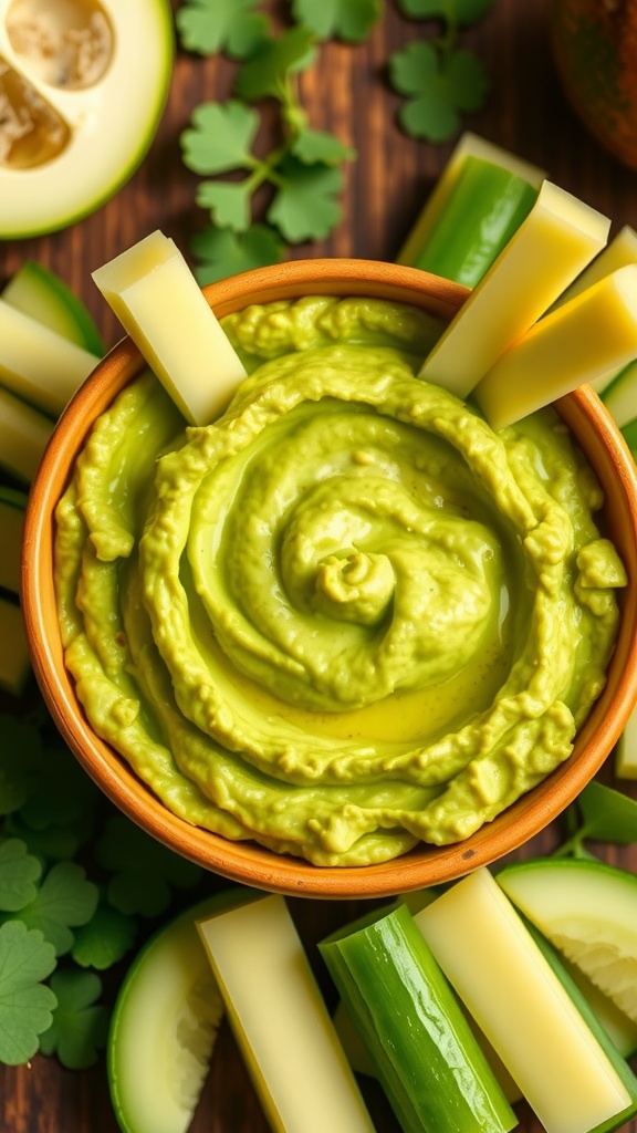 A bowl of creamy avocado and lime hummus surrounded by fresh green vegetables.