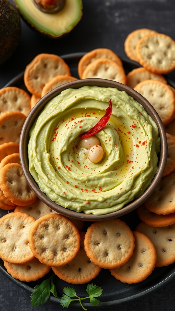 A bowl of creamy avocado and white bean dip garnished with chili flakes, surrounded by crispy crackers.