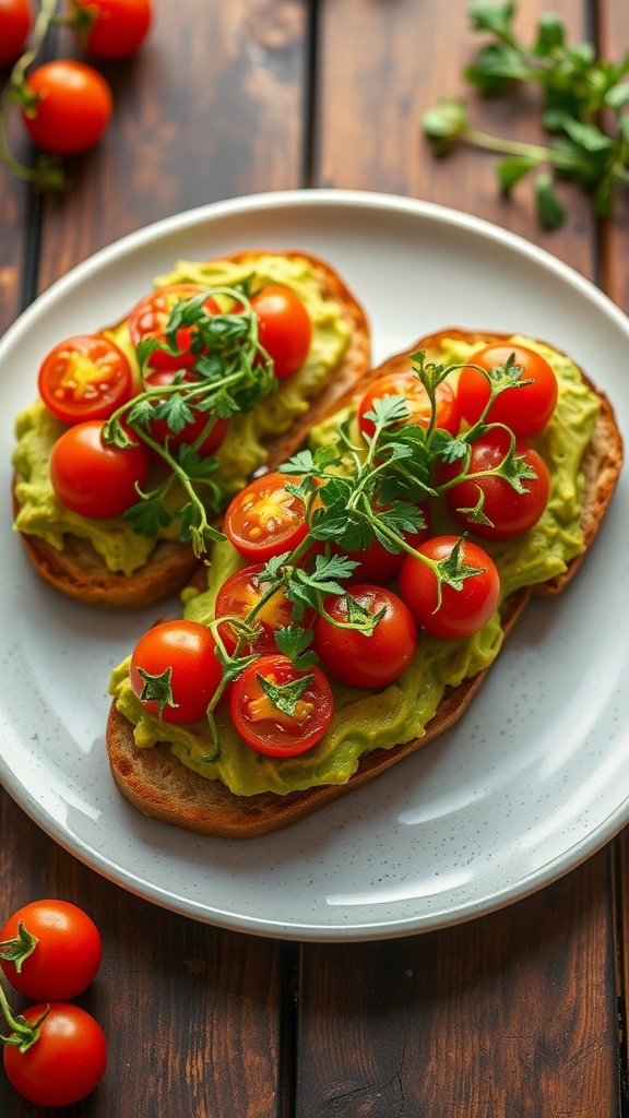 Avocado toast topped with cherry tomatoes on a wooden surface.