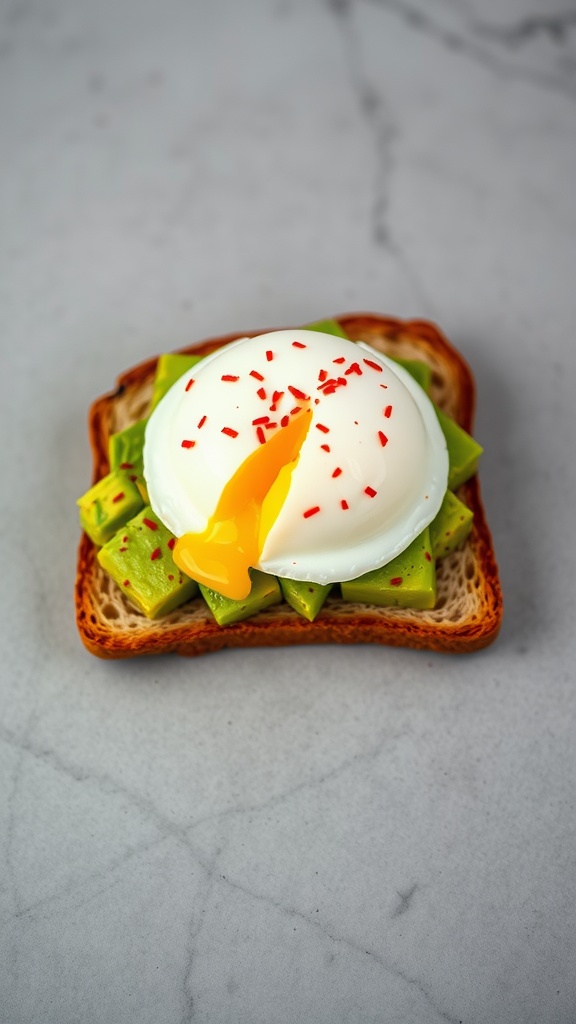 A delicious avocado toast topped with a perfectly poached egg and red pepper flakes.