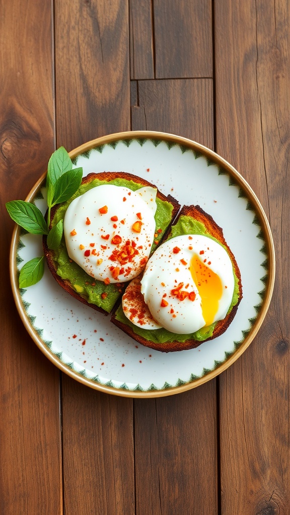 Delicious avocado toast topped with poached eggs and herbs
