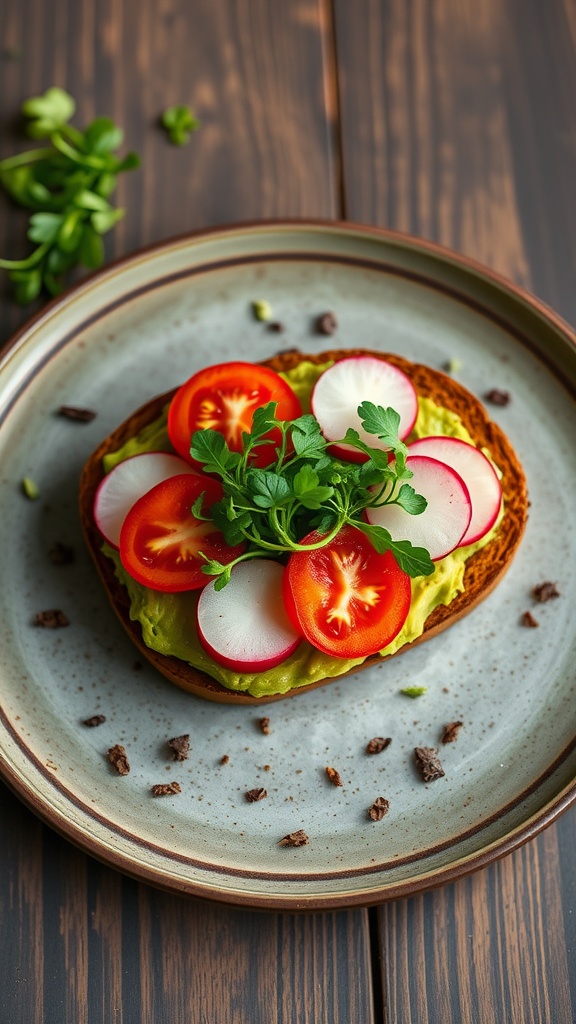 Avocado toast topped with tomato slices and radishes on a rustic plate.