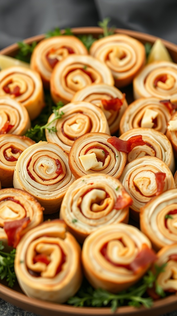 A tray filled with spiral pinwheels made from tortilla, bacon, and cheese.