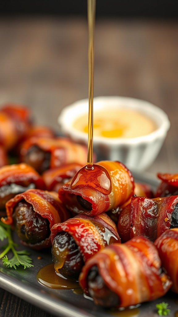 A plate of bacon-wrapped dates drizzled with syrup, garnished with herbs.