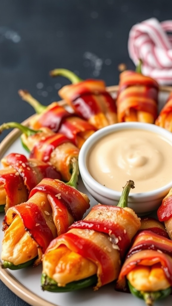 Bacon-Wrapped Jalapeño Poppers served with a creamy dipping sauce.