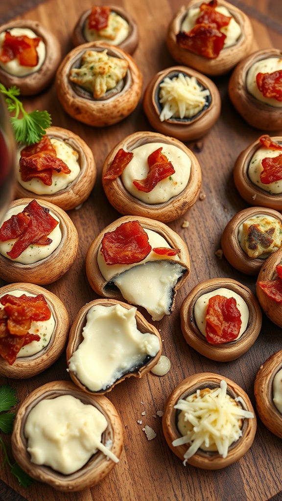 Bacon and cream cheese stuffed mushrooms on a wooden platter