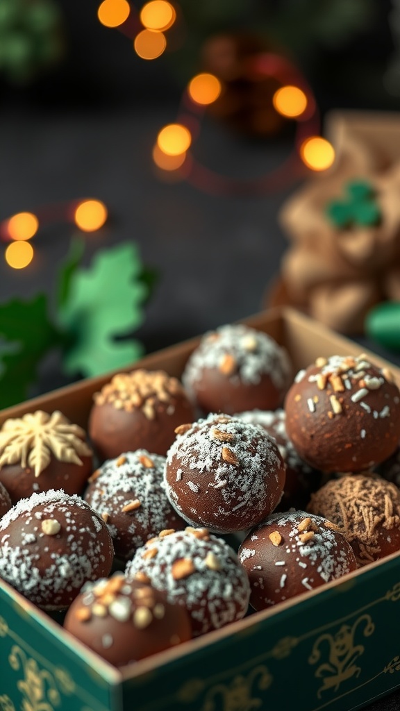 Box of Baileys Irish Cream truffles decorated with festive toppings.