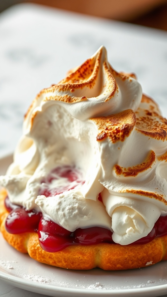 A beautifully presented Baked Alaska dessert topped with swirls of toasted meringue.
