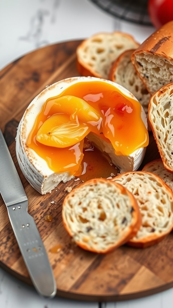 Baked Brie with apricot jam and sliced baguette on a wooden platter.