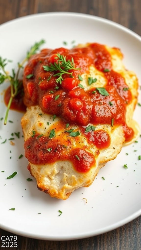 Baked Chicken Parmesan served on a plate with marinara sauce and herbs.