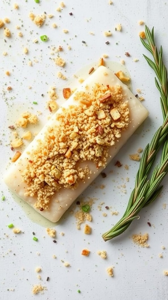 A plate of lemon butter baked cod with a crunchy topping, garnished with herbs.