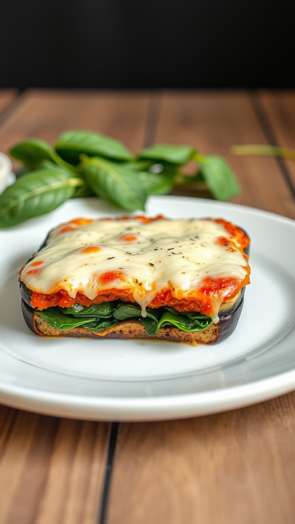 A plate of baked eggplant parmesan layered with spinach and topped with melted cheese.